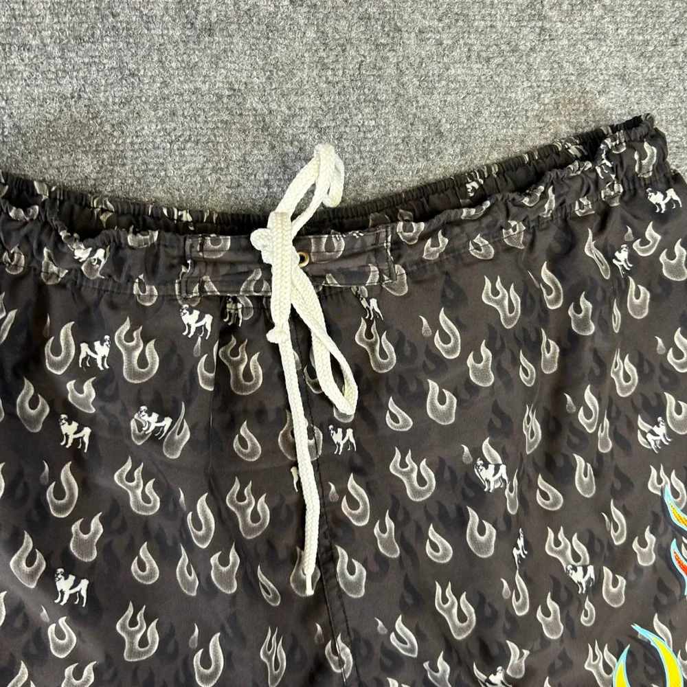 Big Dogs Mens Flame Print Swim Trunks XL Grey Red Fire Logo Board Shorts Y2K